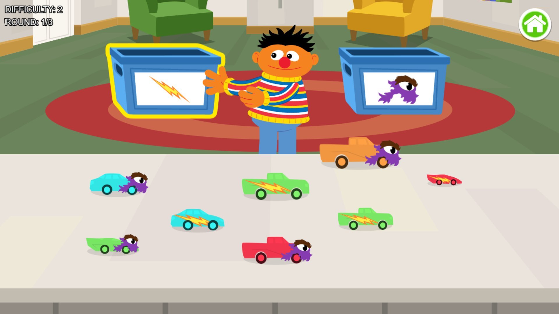 Sorting racecars into two categories with Ernie, by faces and a lightning decal.