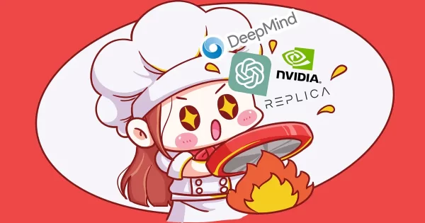 A video game character chef cooking a bunch of AI brands