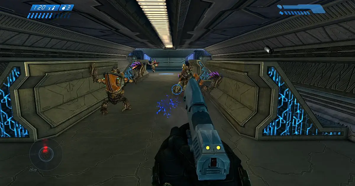 A screenshot of Halo, showing enemies reacting and scattering because of their advanced IA (for the time)