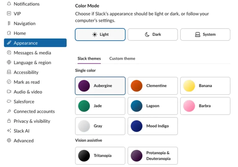light customization options in Slack