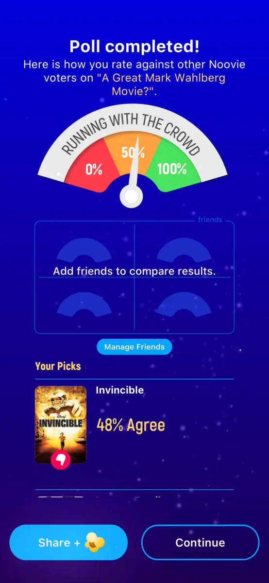 A screenshot showing a poll between three players comparing their interest in a movie, and what percentage agree about that movie.