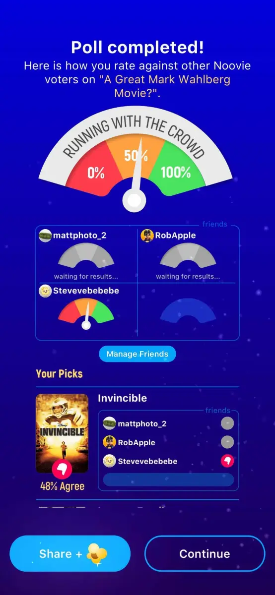 A screenshot showing a poll between three players comparing their interest in a movie.