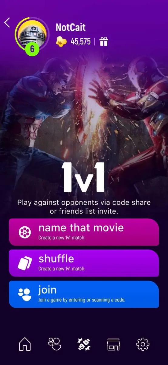 Image of Action movie characters fighting with 1v1 graphic and buttons that show 'name that movie', 'shuffle', and 'join'.