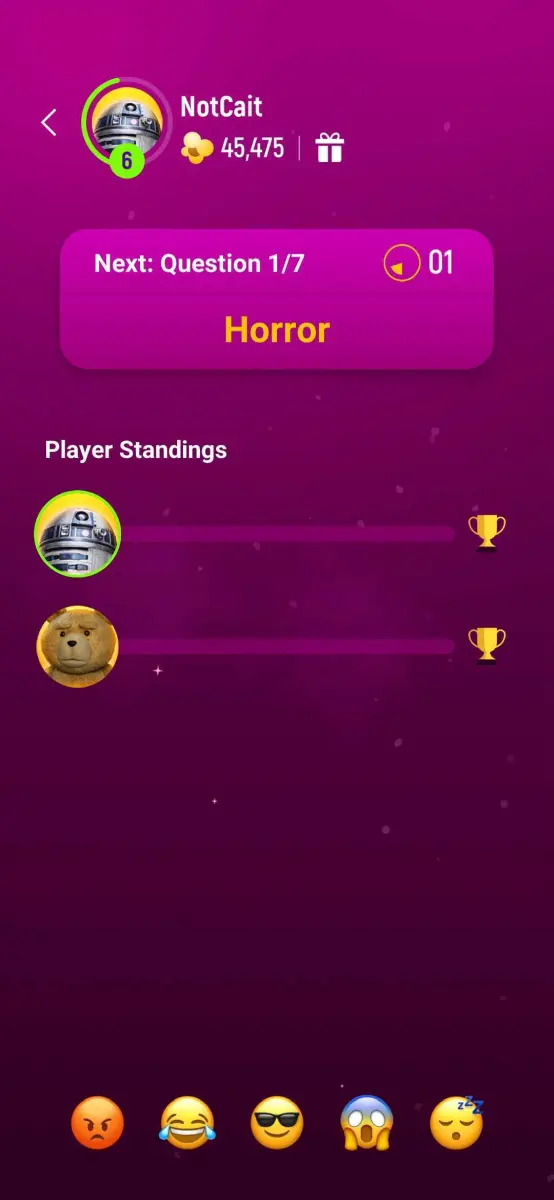 A screenshot showing a player leaderboard with their profile pictures, and showing that the next trivia question is about horror movies.