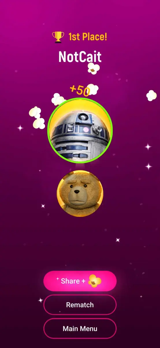 A screenshot showing the player's profile picture of a movie character, winning first place, while the profile picture of the other player is shown below them.