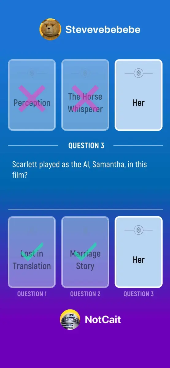 A screenshot showing a trivia question and two players playing in a 1v1 duel about a movie, and the actors that had roles in it.