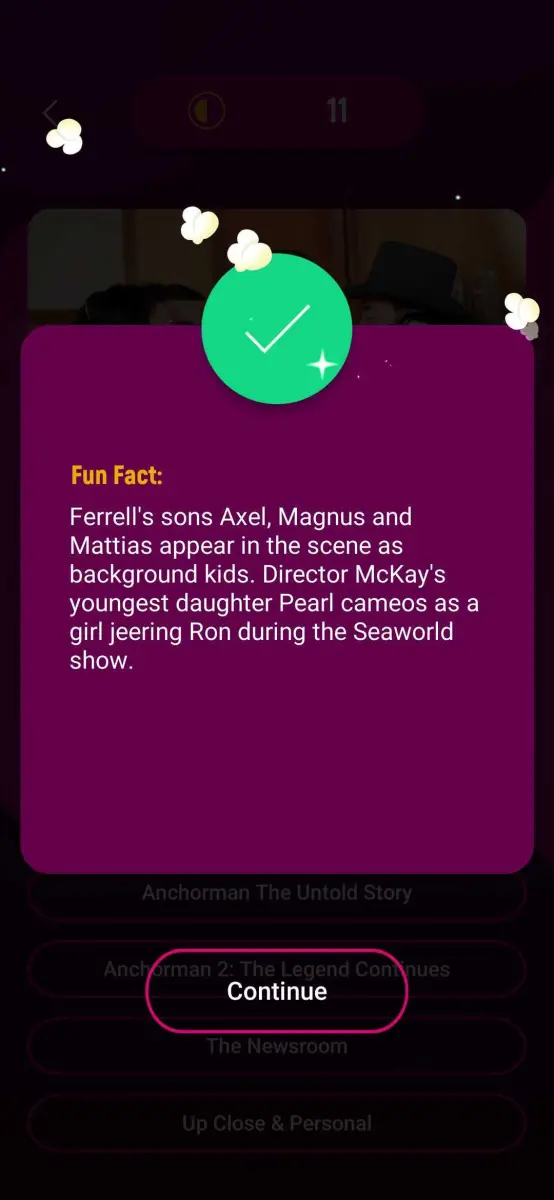 A screenshot sowing a movie fun fact with a large green check mark at the top.