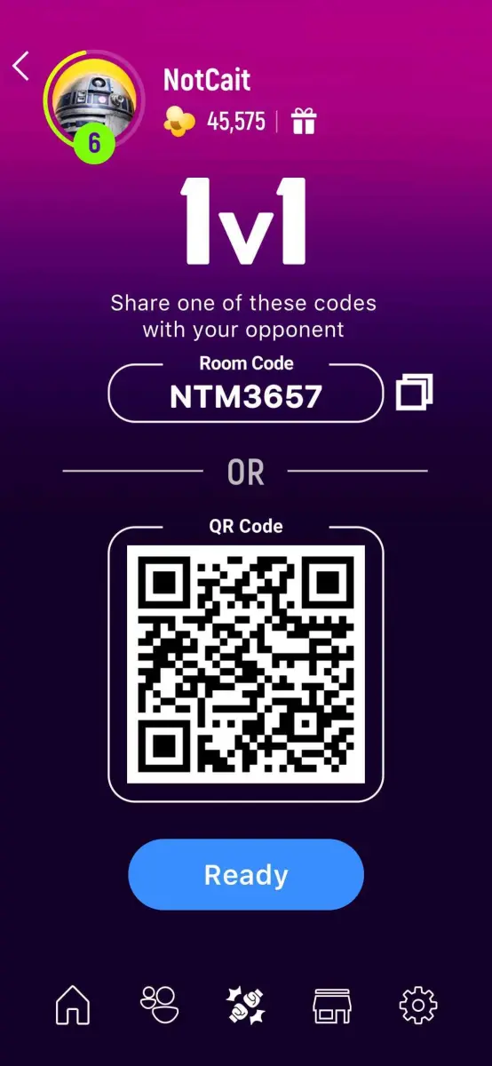 A screenshot showing the user being prompted to share their 1v1 duel to an opponent with a code or scanning a QR code.