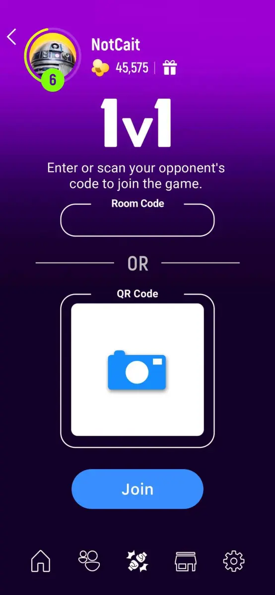 A screenshot showing the user being prompted to join their opponents 1v1 duel with a code or scanning a QR code.