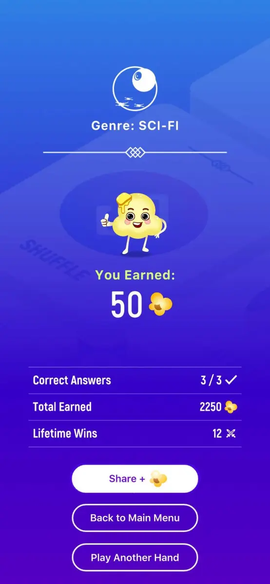 A screenshot showing a yellow character showing the player earning 50 popcorn currency.