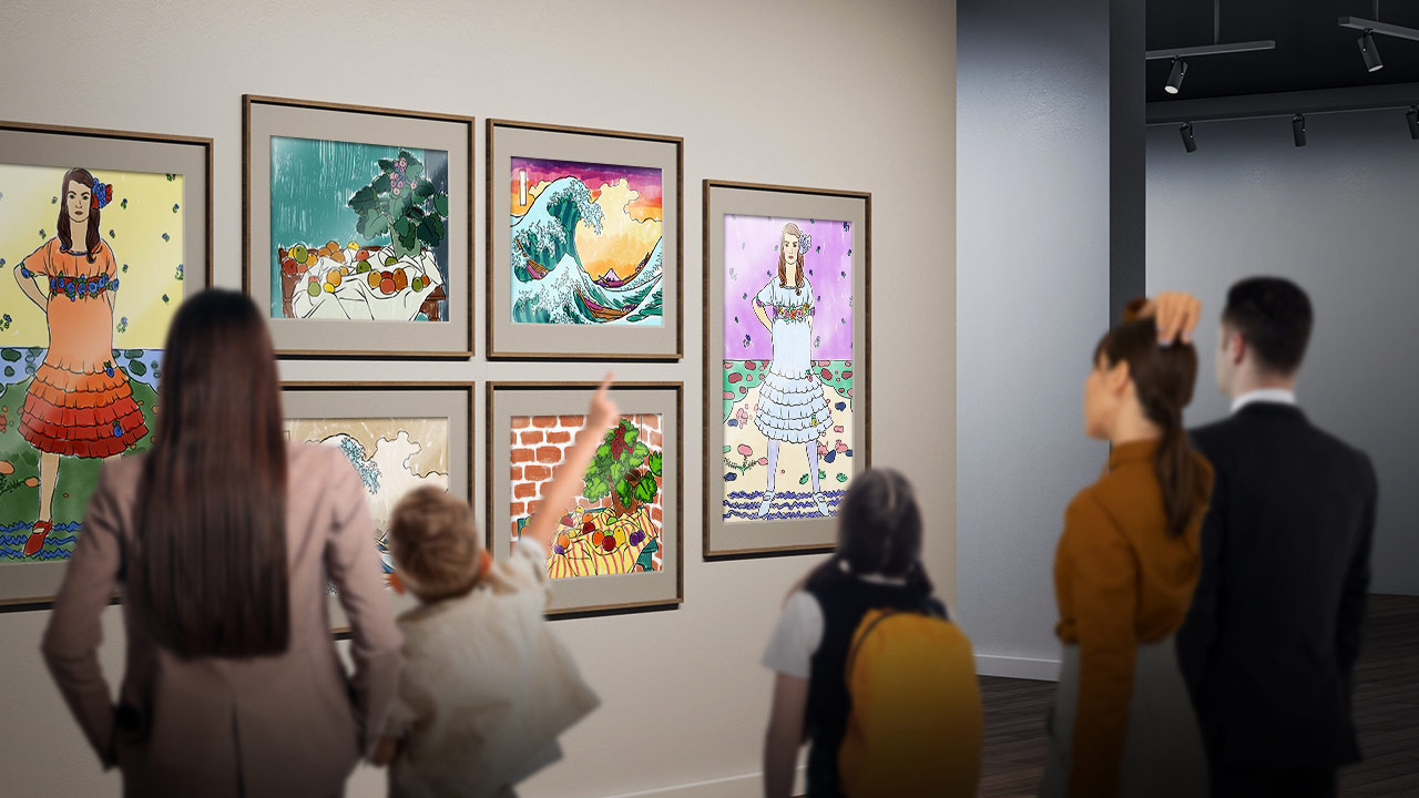 Guests color fine art templates and then see them displayed on the gallery wall as framed fine art.