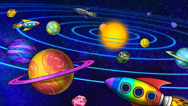Children's exhibit for space - color and create solar system with rockets